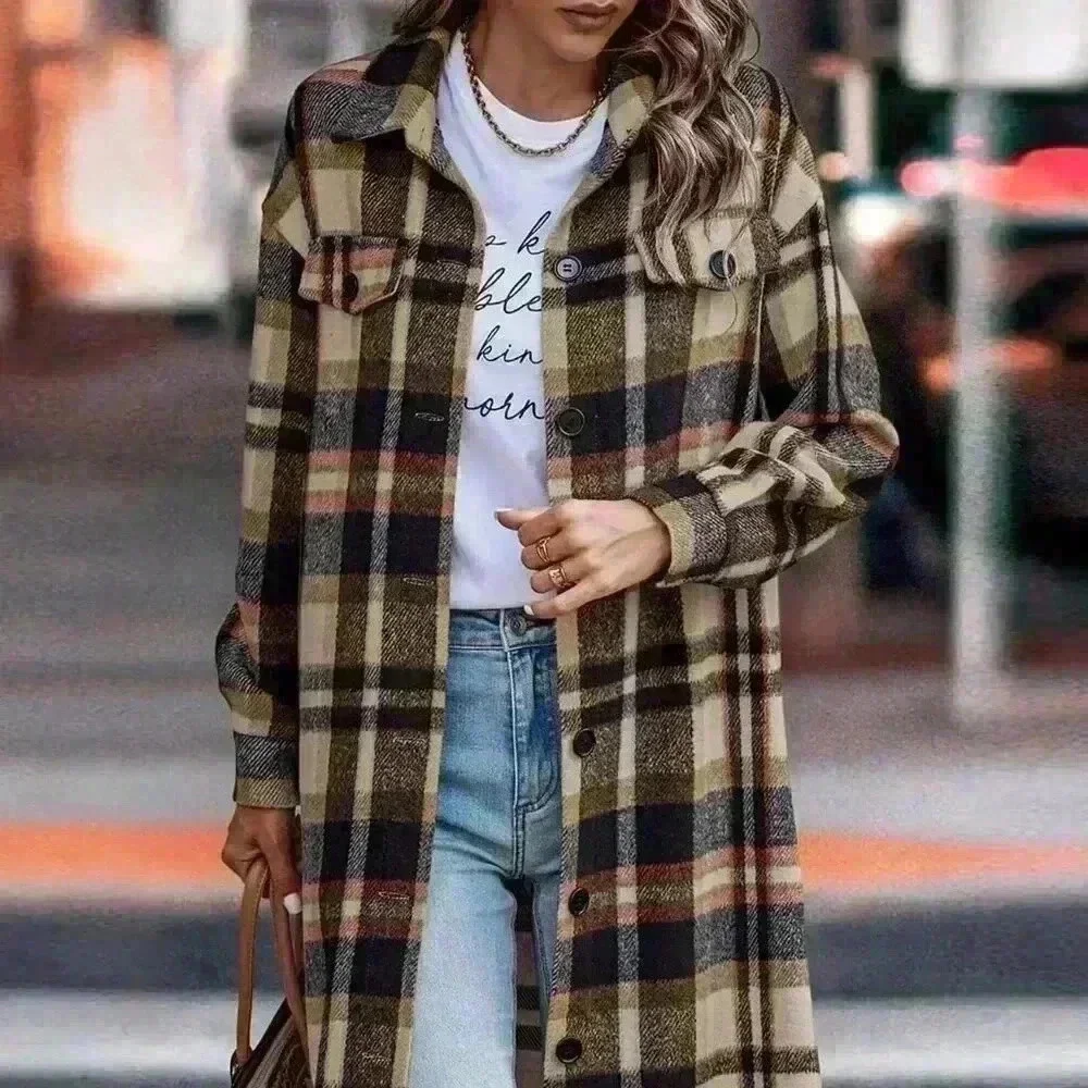 Navy Blue Elegant Women's Plaid Long Sleeve Button Up Shacket